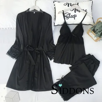 

Siddons Lady Nightgown Set Womens 3PCS Nightwear Spring Strap Pajamas Suit Sleepwear Lace Robe Gown Lounge Negligee Home Clothes