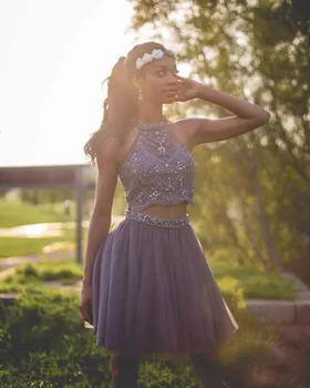 

Dark Gray Two Pieces Short Prom Dresses 2019 New Tulle Crystal Beaded Short Mini Graduation Dress Cocktail Party Wear