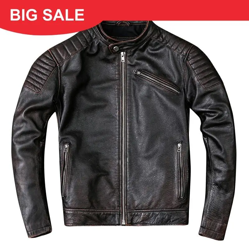 

2020 Vintage Brown Men Slim Fit Motorcycle Leather Jacket Large Size 4XL Genuine Cowhide Russian Spring Biker's Leather Coat