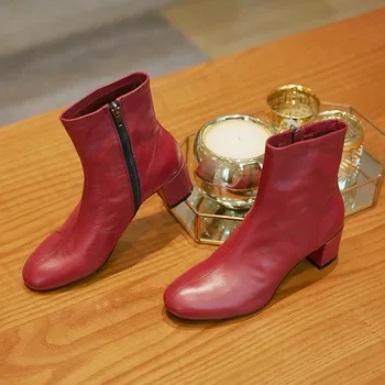 

MLJUESE 2020 women ankle boots soft cow leather zippers winter red color square heel round toe women boots party dress