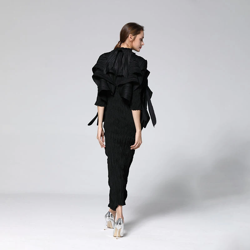 [DEAT] Summer New Patter High Street Pleated Women's Retro High-end Sleeves Round Neck Shawl Fashion Slim Dress AI343