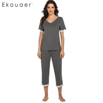 

Ekouaer Summer Pajamas Set Women Soft Sleepwear V-Neck Short Sleeve Lace Patchwork Pajamas Set Ladies Homewear