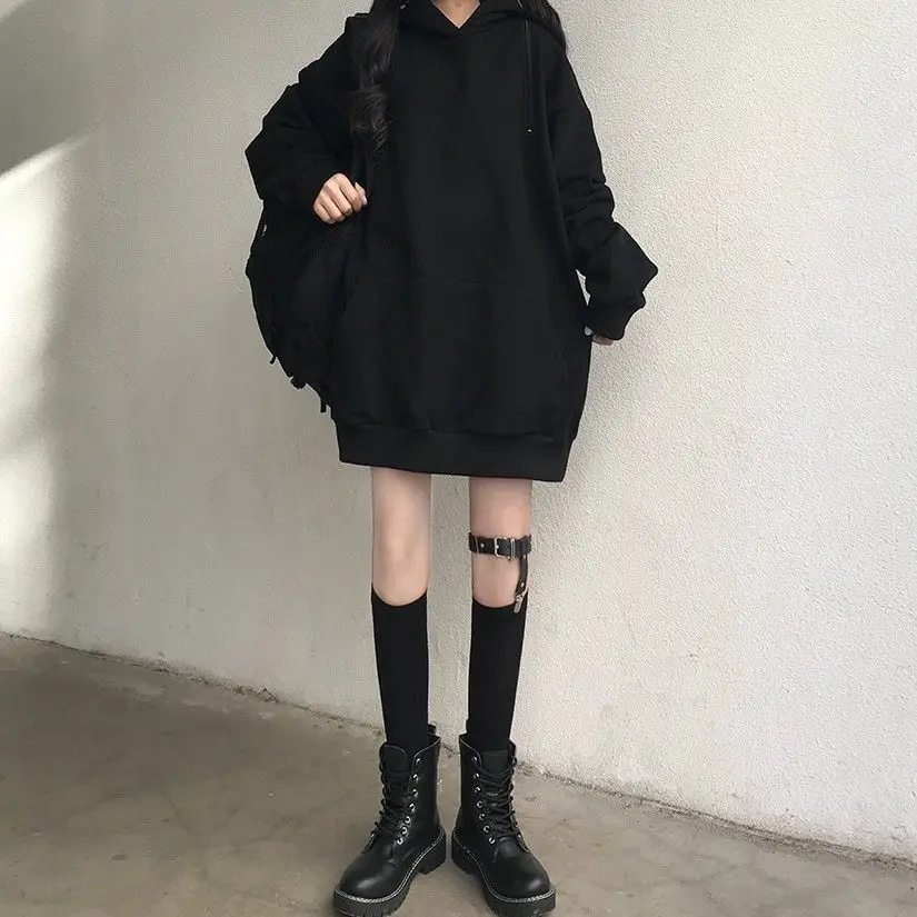 Harajuku Sweatshirt Hooded women itself winter loose Punk Gothic wind black zipper off-shoulder long-sleeved худи женские hoodie |