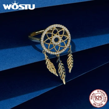 

WOSTU Dreamcatcher Gold Rings 925 Sterling Silver Adjustable Clear Zircon Wedding Ring For Women Genuine Silver Jewelry FNR073