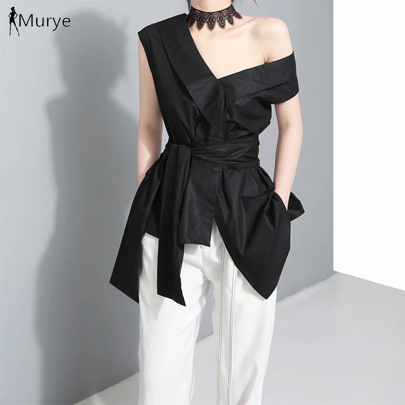 

2020 spring and summer Korean version of the niche design sleeve band large bow irregular oblique shoulder woman fashion shirt