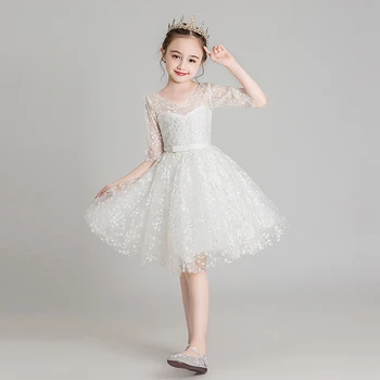 

Elegant Child White Wedding Dress Crystal Kids Embroidered Flower Girls Dress Lace Organza Flowers Princess Dress Girls Clothing