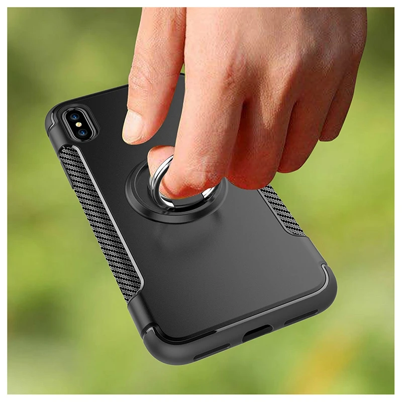 360 degree Rotating Ring&Magnetic Car Mount, PC+TPU Double Layer Shockproof Hybrid Heavy Duty Protector Case For iPhone X(Bla
