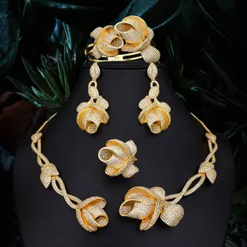 

Luxury Full Cubic Zirconia Bridal Jewelry Sets with Solid Gold Plating Flower Shape Dubai Gold Jewelry Sets for Women