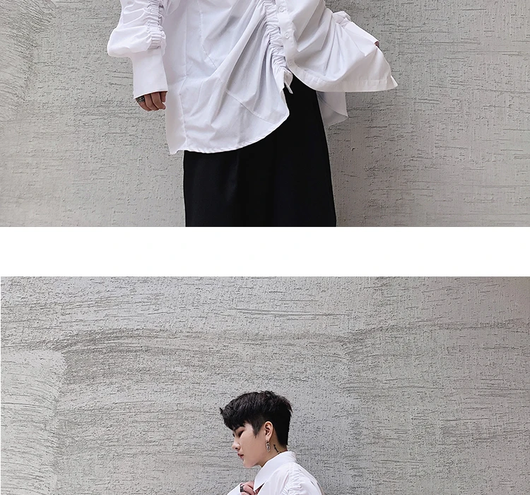 Мужская Японская уличная мода Свободные повседневные рубашки мужские Асимметричные плиссированные дизайн с длинным рукавом черные белые вечерние рубашки