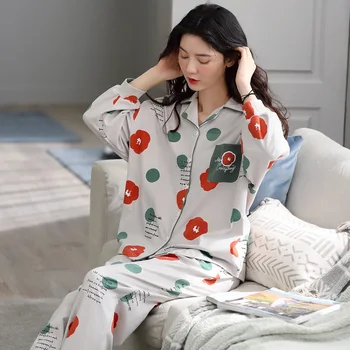 

New Style Cotton Pajamas Women's Long-Sleeved Spring And Autumn Korean Cardigan Sweet Lady Two-Piece Suit