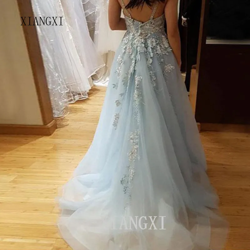 Bleu clair belle robe de bal une ligne belle Appliques dentelle col en V dos ouvert fille robe de soireue f e Tulle