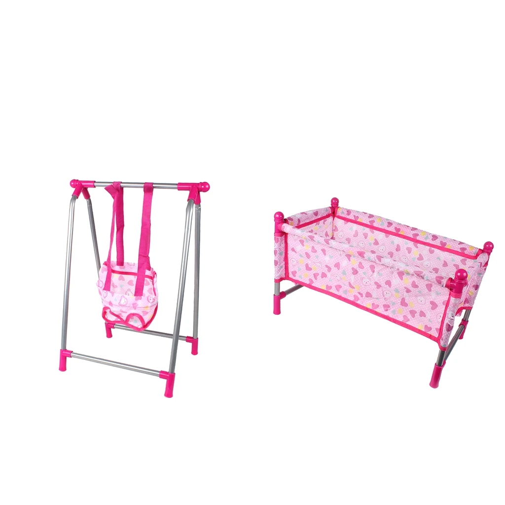 Doll Swing Cradle + Doll Baby Toddler Bed Crib Playset Kids Pretend Toy Role Play Nursery Room Decor