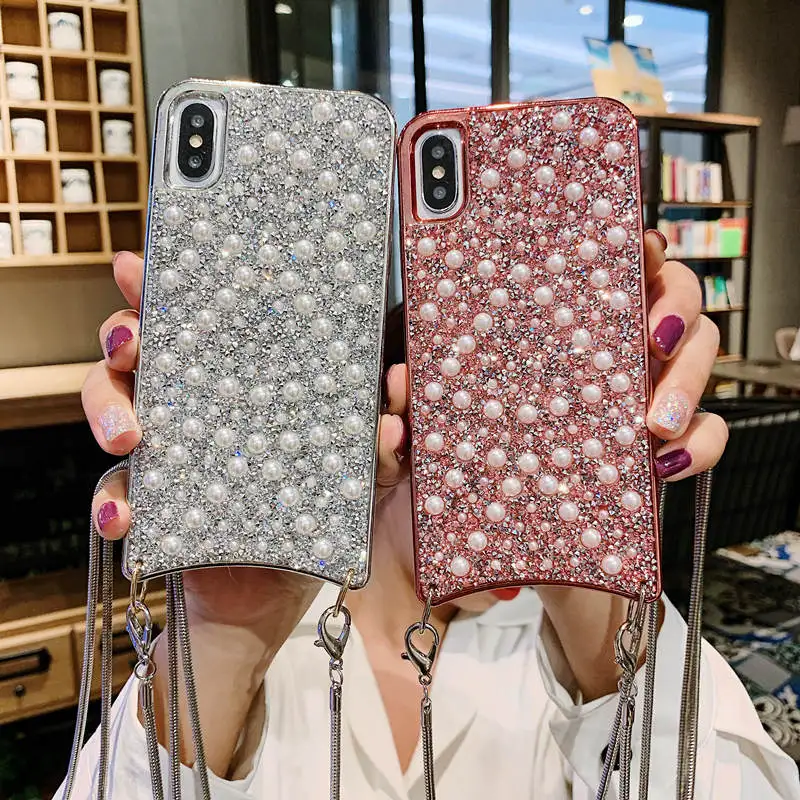 LOVERONY девочки жемчуг блеск чехол для телефона для iPhone 11 Pro MAX XS XR 7 8 Plus металлическая цепочка ремешок защитный чехол телефон сумка Капа
