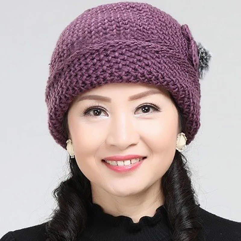 Winter middle-aged and elderly hats Beanies mother warm plus velvet thick woolen knitted hat 6