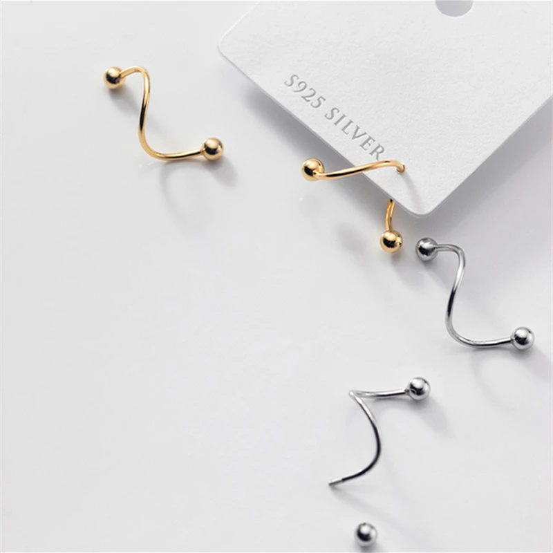 LKO 925 Sterling Silver Round Bead Ear Bone Ear Buckle Rotating Wave Mini Stud Earrings for Women Personality Jewelrry Ornaments - Image 3