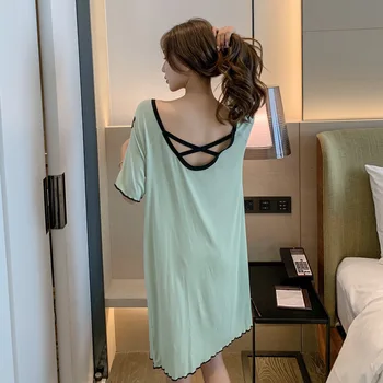 

2020 Summer New Products Modal Loose Solid Color Suit Pajamas Short Sleeve Girls Nightdress Homewear Night Suits for Women