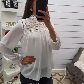 

Women Chiffon Lace Long Sleeve High neck Blouse Floral Hollow out Casual Pullover Beach Basic Pullover Shirt Blusas Fall Clothes