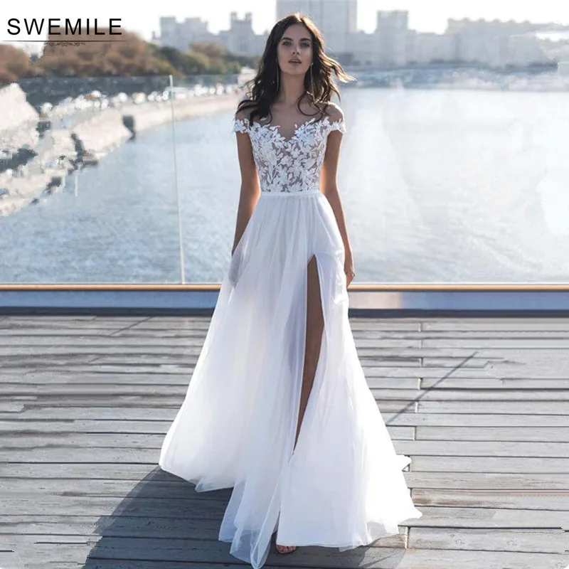 Романтическое пляжное кружевное свадебное платье Robe de Mariee, сексуальные свадебные платья с высоким разрезом и коротким рукавом, Vestido De Noiva