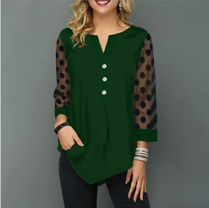 Shirt Blouse Plus Size 5xl Solid Black Tops V-neck Button splice Mesh Nine Points Sleeve Spring Summer Casual Loose Women Shirt