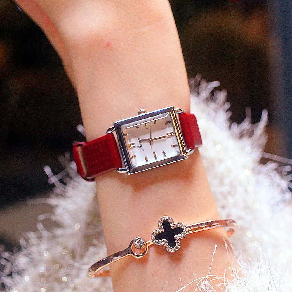 

New Simple Personality Fashion Gemstone Mirror Rectangular Leather Strap Female Watch 30m Waterproof Quartz Watch Ladies Watch