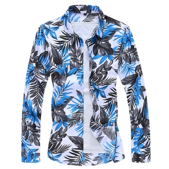 

Blue Print Shirt Men's Beach Holiday Print Fashion Casual Long Sleeve Shirt / 2019 Autumn New Plus size Shirt Men