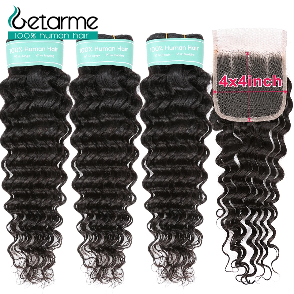 Best Offers Hair-Bundles Human-Hair Deep-Wave Weaves Closure Remy Black Brazilian with for Woman Jag6WQwG
