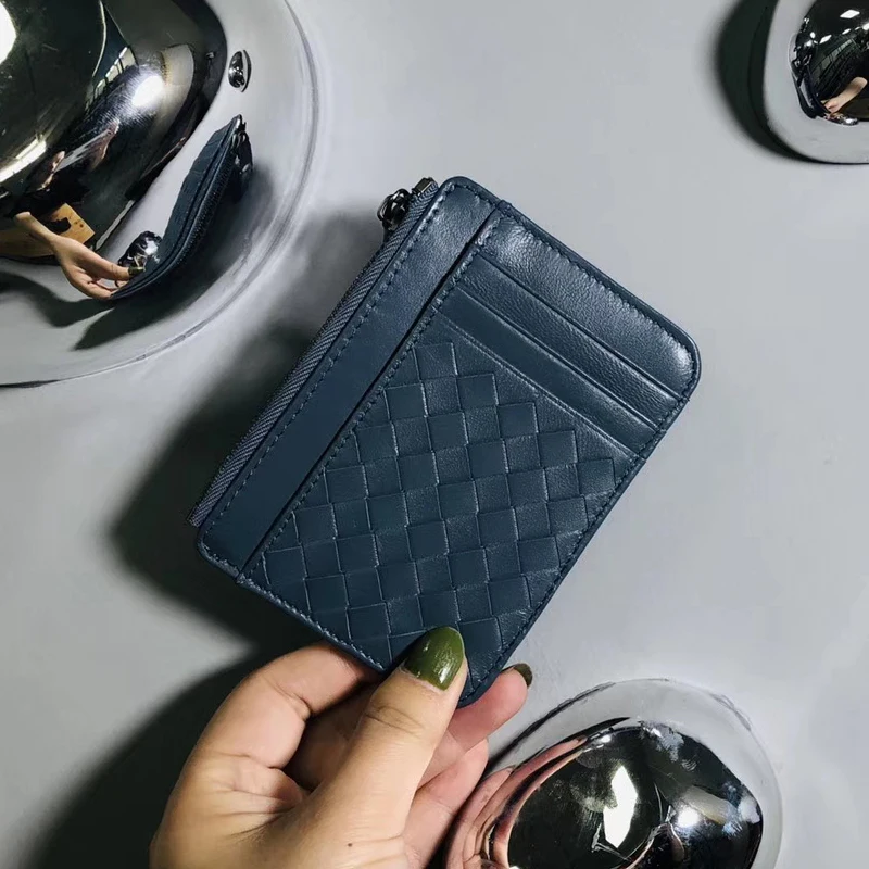 Charm Blue Натуральная кожа тканые держатель Для женщин из овечьей кожи на Молнии Сумочка Фирменная Для Мужчин's держатель для карт ультра-тонкий кошелек для монет с карманом - Цвет: Charm Blue