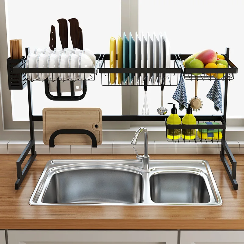 

Black 65/85cm Stainless Steel Kitchen Dish Rack U Shape Sink Drain Rack Two layers Kitchen Organizer Shelf Storage Holder