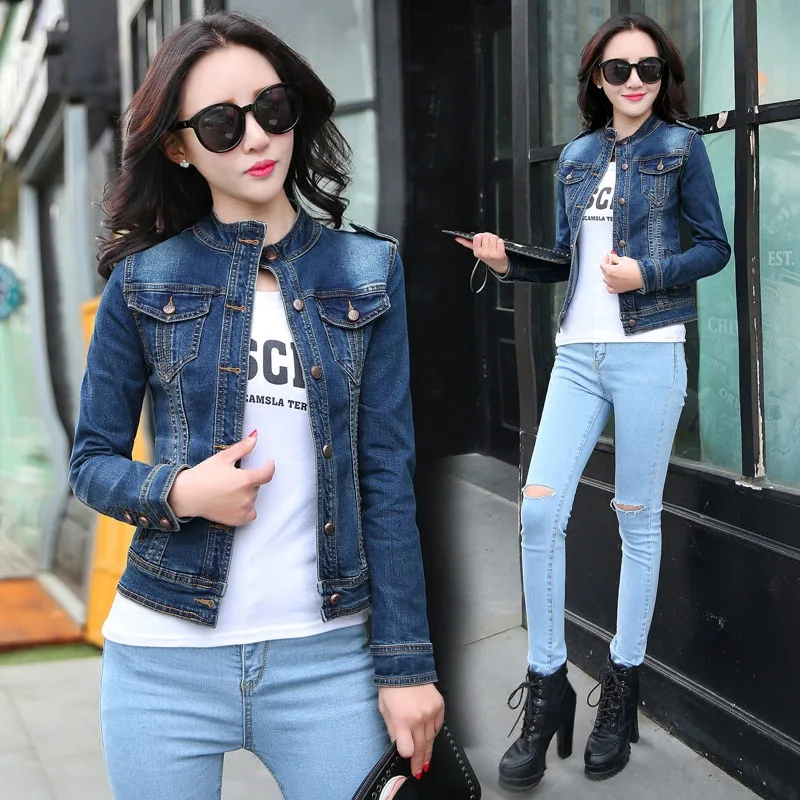 buy  2019 Spring And Autumn New Style Korean-style Jacket Versatile Stand Collar Jeans Coat Women's Long