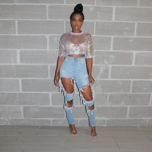 Осенне-летние женские рваные с высокой талией повседневные длинные джинсы-карандаш на молнии Высокая уличная пляжная джинсовая мода брюки