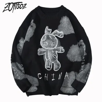 

ZOTTSOZ Pullover Sweaters Hip Hop Casual Harajuku Streetwear Women Tie Dye Knitt Injured Rabbit Ripped Destroyed Holes Jumpers