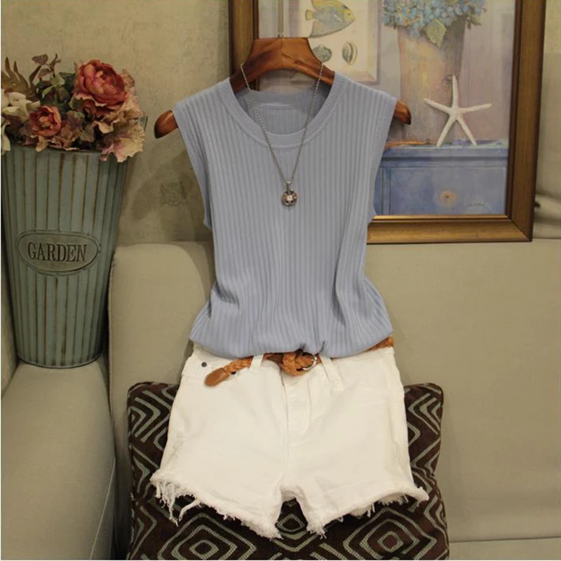 Knitted Vests Women Top O-neck Solid Tank Fashion Female Sleeveless Casual Thin Tops 2022 Summer Knit Woman Shirt Gilet Femme