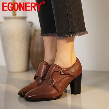 

EGONERY spring newest fashion women pumps outside super high heels buckle square toe genuine leather women shoes drop shipping