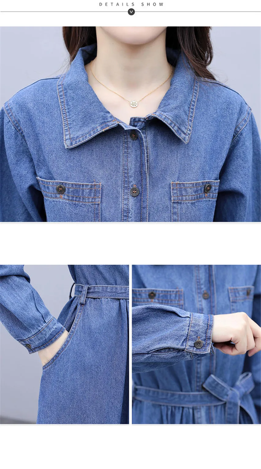 אביב סתיו ארוך שרוול מזדמן ג 'ינס שמלת נשים כיסי כפתור בתוספת גודל ג' ינס שמלה גבוהה רחוב אופנה ארוך שמלות Robe