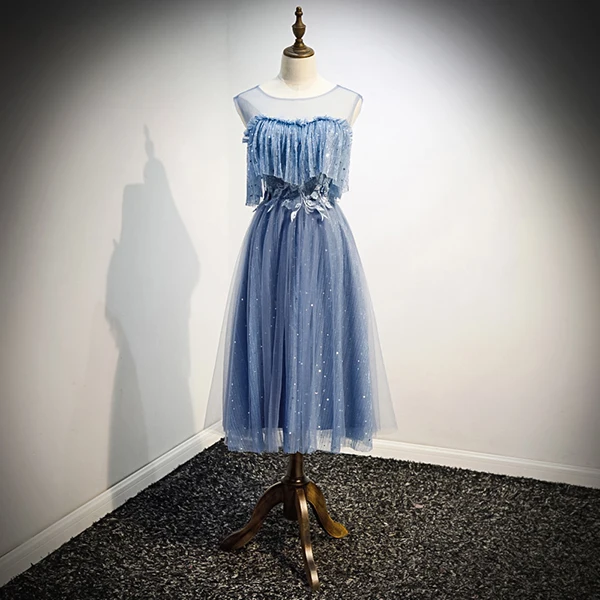 as picture blue WLN18443 JANCEMBER cocktail dress party high neck short sleeve backless lace up mid-calf formal dress платье коктейльное - Цвет: as picture blue