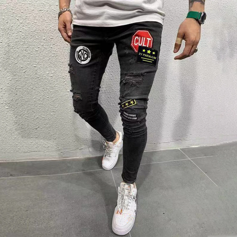 Skinny Jeans Men Stars Patches Vintage Denim Trousers Hole Ripped Jeans for Mens Streetwear Hip Hop Male Pencil Pants jean D25