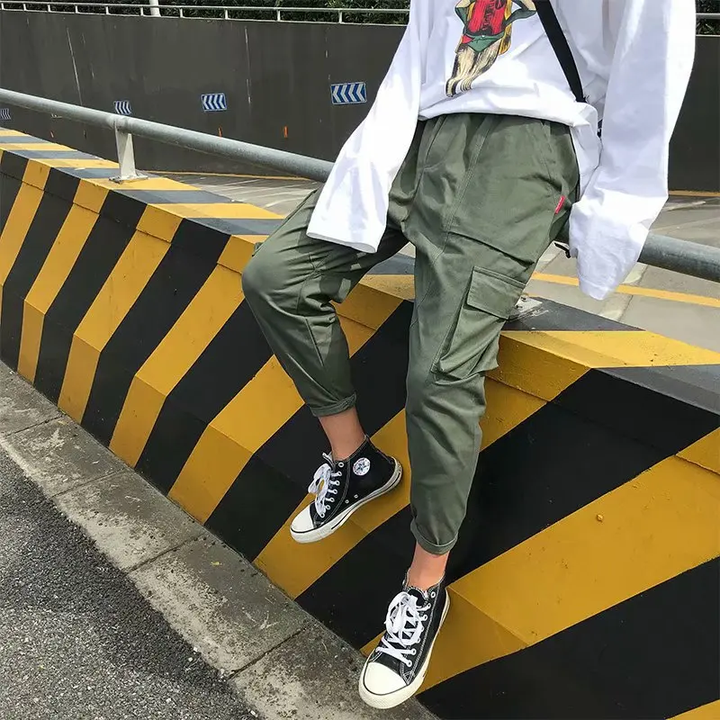 

Hong Kong Style Summer BF Style Harajuku Pants Men Army Green Korean-style Trend Casual Pants Thin Loose-Fit Workwear Capri Pant