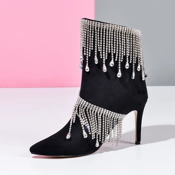 

SaraIris Luxury Female Rhinestone Slip On Pointed Toe Casual Ankle Boots High Heels Boots Women Brand Designer Shoes Woman