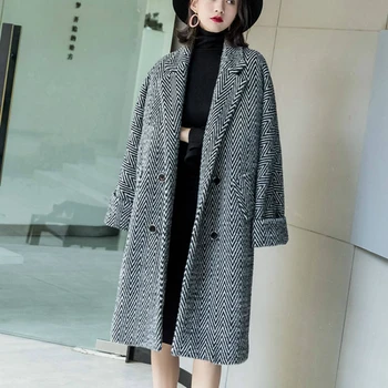 

Woman Long Stripe Woolen Coat Twill Jacket 2020 New Arrivals