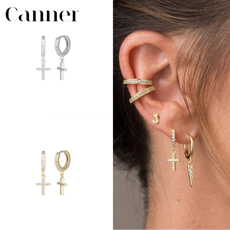 

925 Sterling Silver Cross Zircon Hoop Earrings for Women Gold Silver color Geometric cross Earrings CZ Fashion Female Jewelry