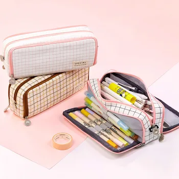 

Multifunction Zipper Pencil Case Grid Canvas Pen Case Pencil Bag Girl Gift Washable School Supplies Student Korean Stationery