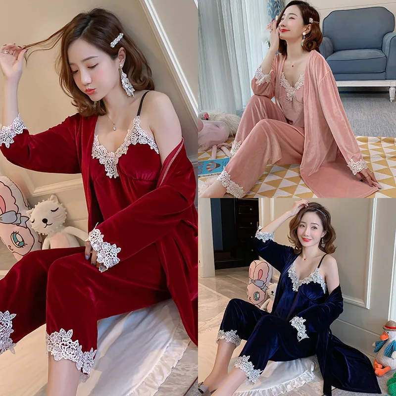 

967 # Pajamas Women's Autumn & Winter Tracksuit Long Sleeve Gold Velvet Sexy Lace Sling Nightgown Three-piece Set with Chest Pad
