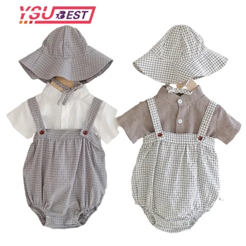

Summer Twin Boy Suit 2020 Cotton Plaid Strap + Sun Hat + Short Sleeve Shirt Baby Girl Clothes New Born Baby Girl Clothes 3Pcs