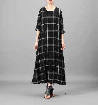 

Spring New Cotton and Linen Women's Dress Loose Large Medium Length Plaid Loose Retro Robe Dresses