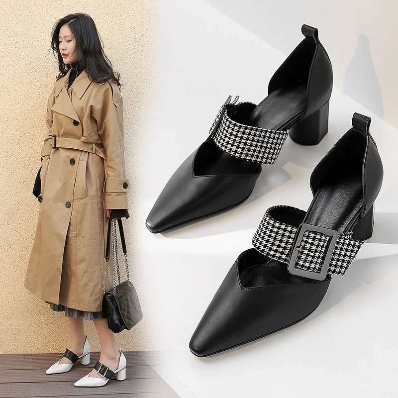 

2019 Spring New Style High Heel Shoes Women's Europe And America-Style Mixed Colors Belt Buckle Pointed-Toe Single Shoes Hallow