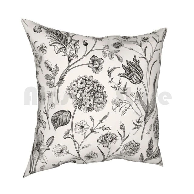 Floral pillow, black and white flowers, botanical, garden flowers