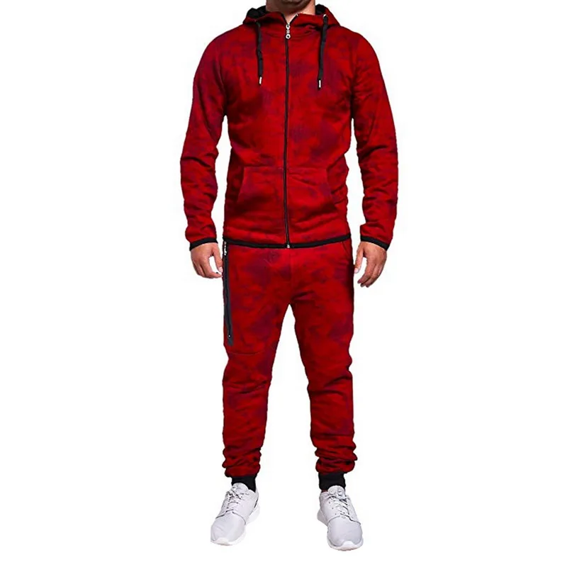 Спортивный костюм из 2 предметов для мужчин, камуфляжный принт, Ropa Hombre, комплект, на молнии, с карманами, толстовки, куртки+ карандаш, для бега, Homme, повседневные комплекты - Цвет: Red B