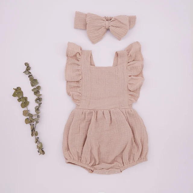 Organic Cotton Baby Girl Clothes Summer New Double Gauze Kids Ruffle Romper Jumpsuit Headband Dusty Pink Playsuit For Newborn 3M khaki
