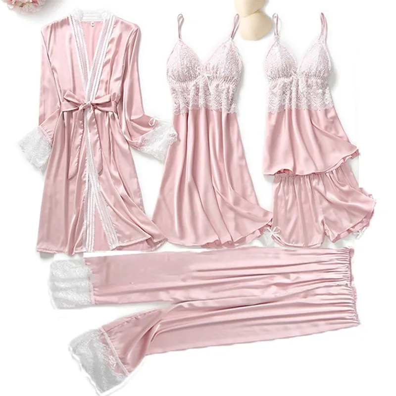 Одежда для сна 5 шт. халат комплект Для женщин из шелкового атласа ночное
