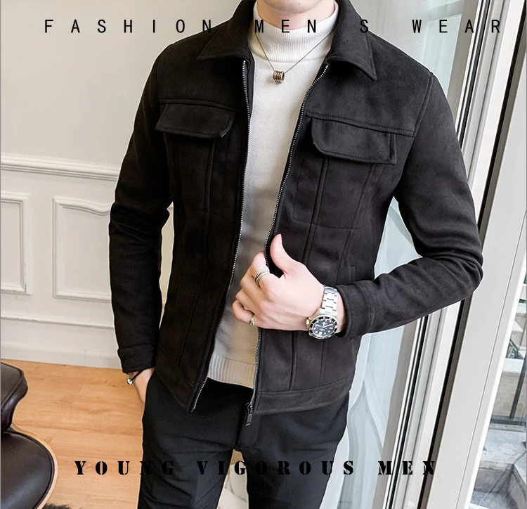 Harajuku на молнии мужские замшевые пиджаки пальто с Меховая подкладка Slim fit стильная обувь для поездок на мотоцикле; Красивая отворотом куртка с карманами; пальто